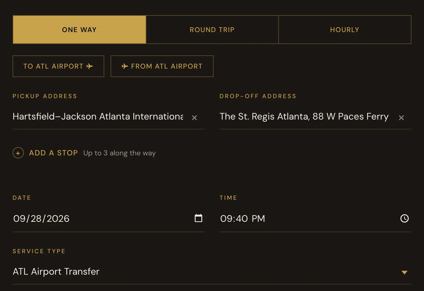 Ada Transportation’s booking form, filled in for an airport pickup