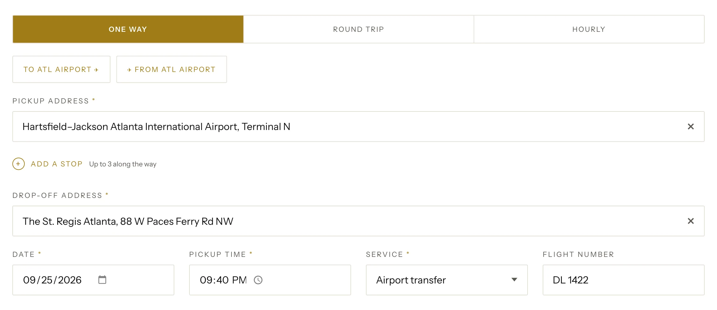 The Luxivo booking form, filled in for an airport pickup with the flight number
